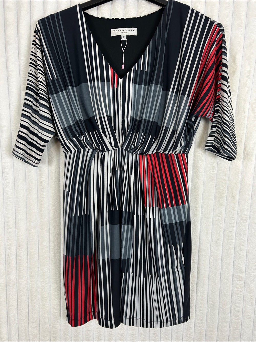 Trina Turk Black White Gray and Red Striped V-Neck Mini Dress sz2